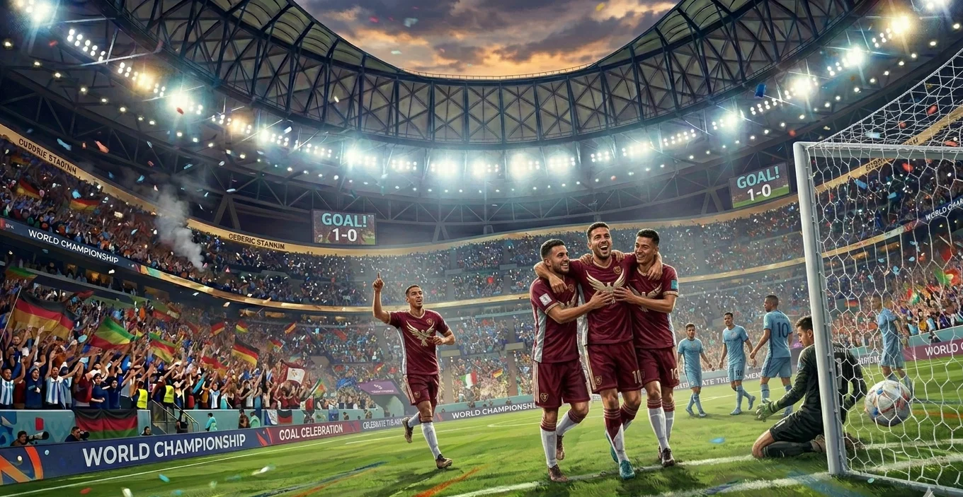 Players celebrating a goal at a World Cup 2026 match